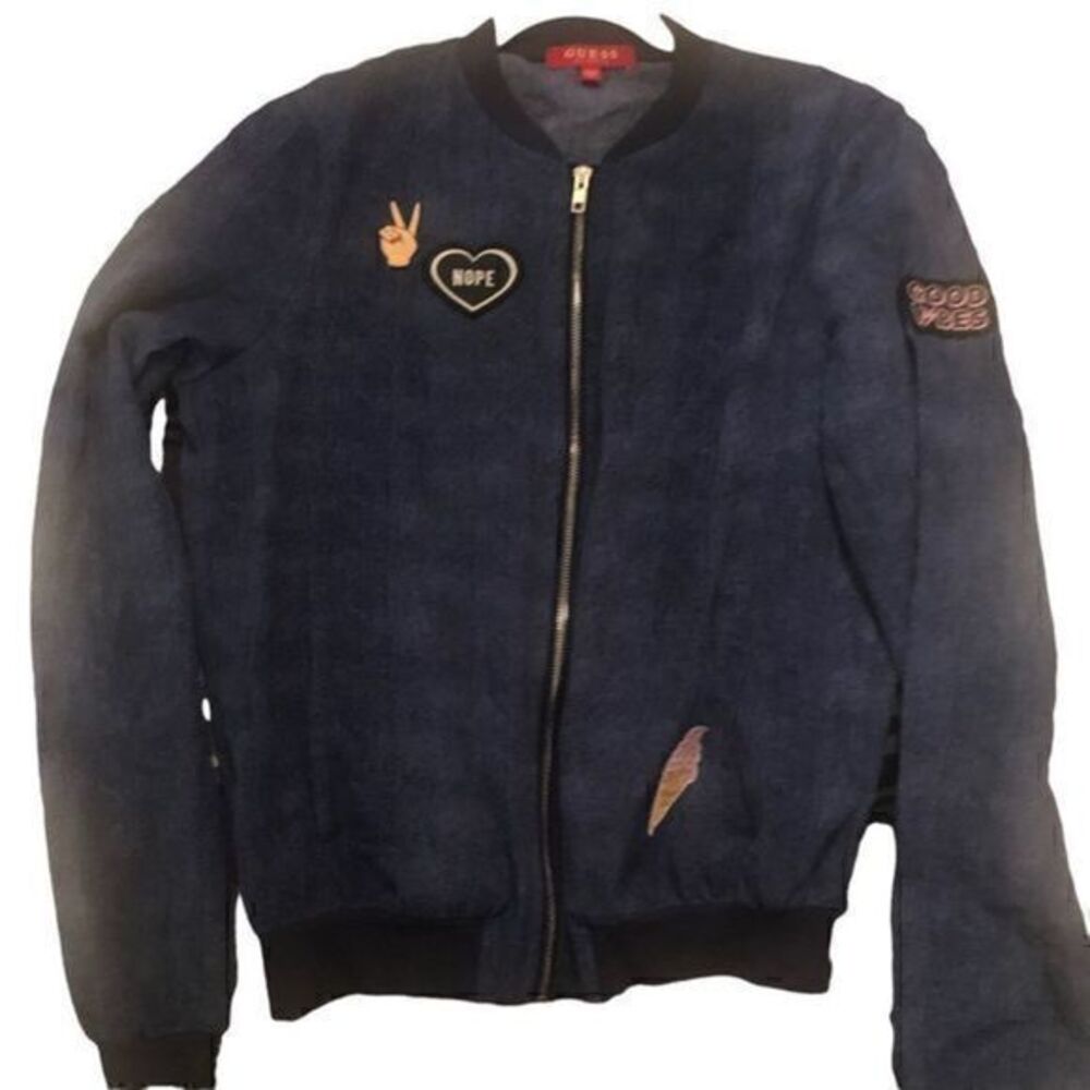 Y2K lightweight dark wash denim style track jacket front zipper and patches